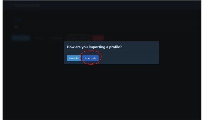 r2modman dialog asking 'How are you importing a profile?' with the 'From code' option circled.