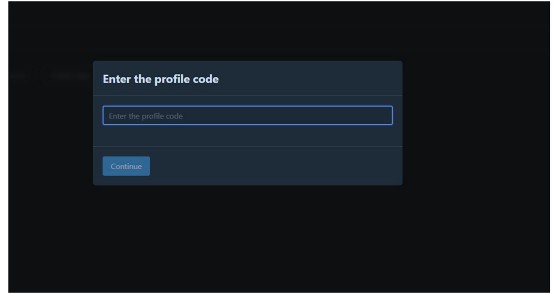 r2modman 'Enter the profile code' dialog with the profile code typed in and the Continue button.